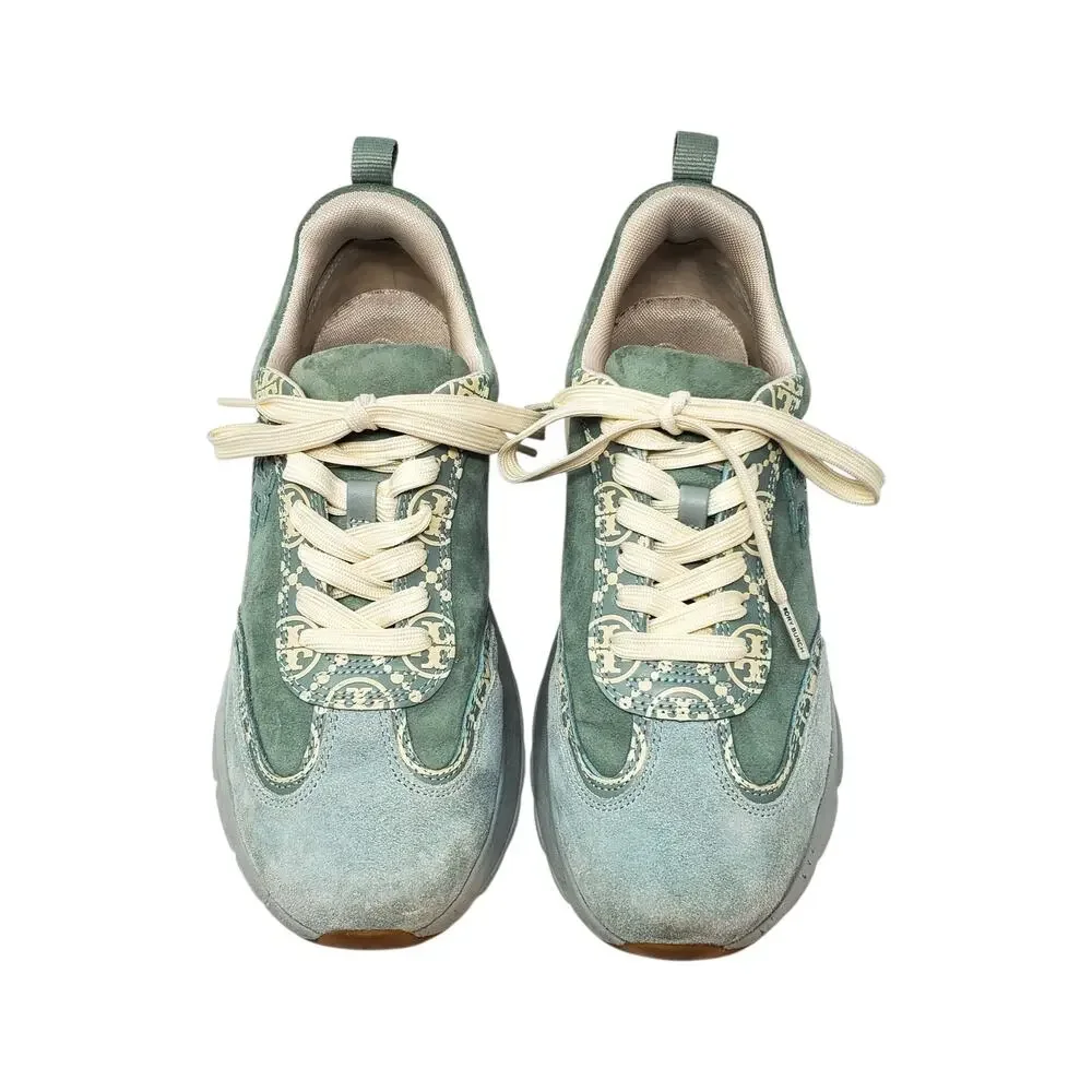 Tory Burch T Monogram Good Luck Trainer Suede Sneakers Blue Celadon Size US 9